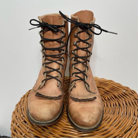 Laredo Vintage Leather Lace Up Roper Granny Paddock Fringe Tan Cowgirl Boots 6.5 - Picture 2 of 7
